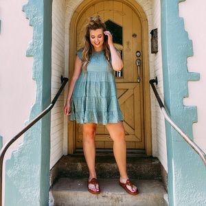 Knox Rose Sage Green Tiered Mini Dress with Cap Sleeves